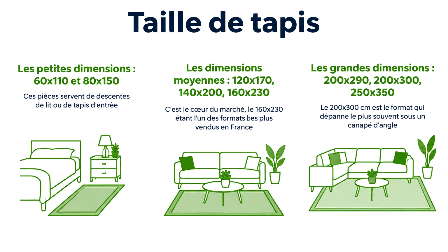 Infographie « taille de tapis » — points clés : Les petites dimensions : 60x110 et 80x150, Les dimensions moyennes : 120x170, 140x200, 160x230, Les grandes dimensions : 200x290, 200x300, 250x350