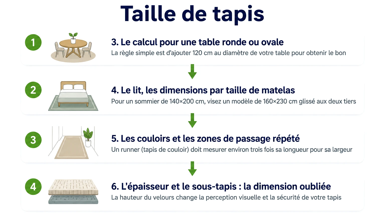 Étapes pour « taille de tapis » — 3. Le calcul pour une table ronde ou ovale, 4. Le lit, les dimensions par taille de matelas, 5. Les couloirs et les zones de passage répété, 6. L'épaisseur et le sous-tapis : la dimension oubliée